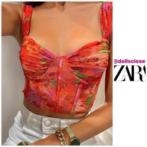 Zara Tops - Zara Floral Tulle Bustier Corset Style Cap Sleeve Top